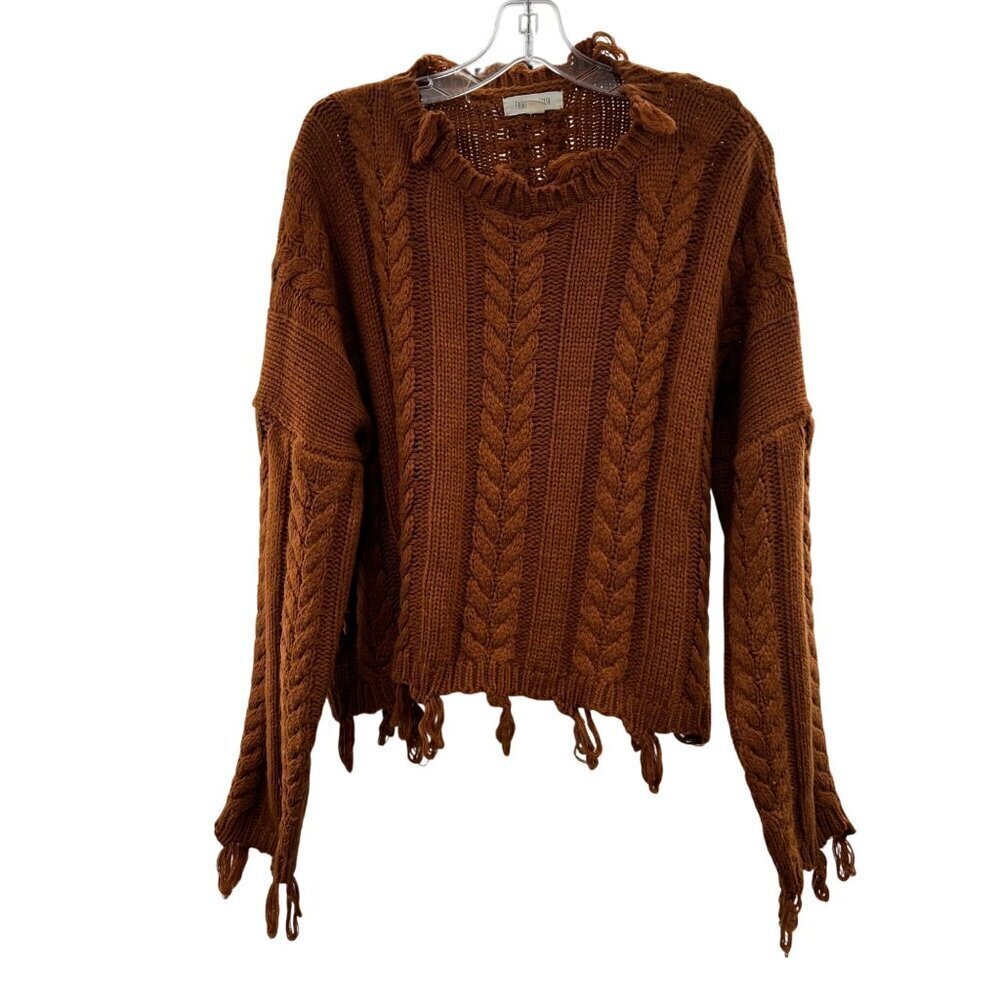 Fashion on Earth Women's Cable Knit Sweater Long Sleeve Brown Size Large Fringe